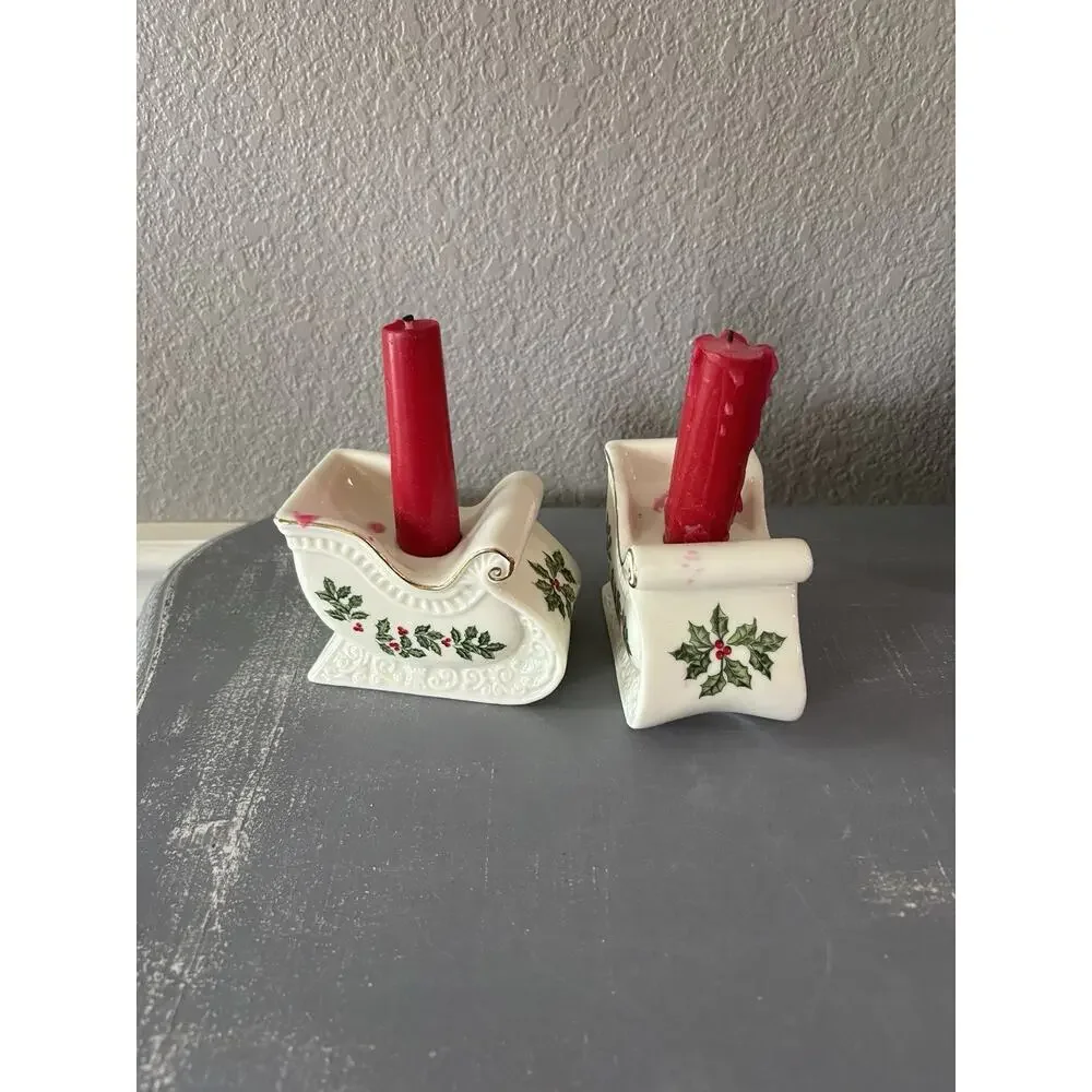 2 FORMALITIES BY BAUM BROS. HOLLY & BERRIES SLEIGH TAPPERED CANDLE HOLDERS